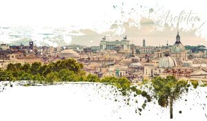 Rome cityscape in daylight in a blot stencil vignette on white