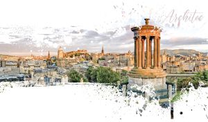 Edinburgh cityscape in daylight in a blot stencil vignette on white