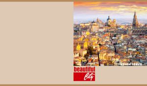 A beautiful aerial view of Granada city in Spain on a tan background