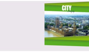 London cityscape in the daylight in an oblique lime and green frame on white
