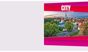 Tallinn cityscape in the evening light in an oblique red and pink frame on white