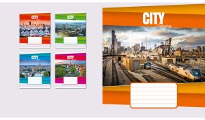 Chicago cityscape in the daylight in an oblique ocher and orange frame on white