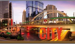 Evening view of Chong Nonsi station against the purple sky in Bangkok