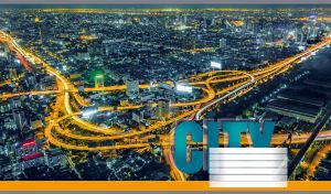 Night view of viaduct interchange in Bangkok with golden city light