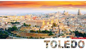 An aerial view of the Old Town In Toledo, Spain on a white backdrop