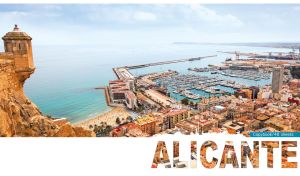 An aerial view of the Old Town In Alicante, Spain on a white backdrop