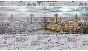 London cityscape with the Palace of Westminster on sepia-grey grunge wallpaper