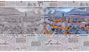 Bangkok cityscape with illuminated skyscrapers on sepia-grey grunge wallpaper