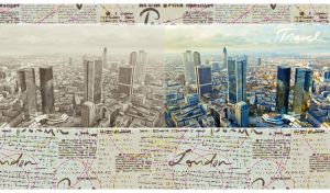 Frankfurt cityscape with shiny skyscrapers on sepia-yellow grunge wallpaper