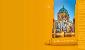 Berlin Cathedral on the Museum Island behind a yellow torn paper roll wallpaper