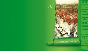 The Old Town Square in Prague behind a green torn paper roll wallpaper