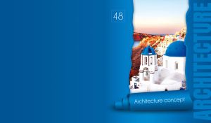 The Blue Domed Church in Santorini behind a blue torn paper roll wallpaper