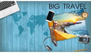 Photo of a town on Tenerife Island on a backdrop of pastel blue wood planks