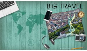 Photo of St. Michael statue in Lyon on a backdrop of pastel teal wood planks