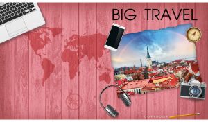 Photo of St Olaf's Church in Tallinn on a backdrop of pastel red wood planks