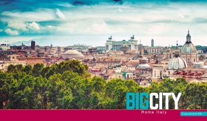 An aerial panoramic view of Rome, Italy beneath the white-blue sky