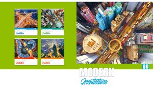 Aerial view of rooftops and circular footbridge on a light green background