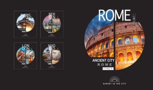 The illuminated Colosseum in a split circle window on black