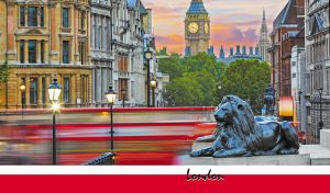 Scenic view of the bronze lions and the Big Ben in London at twilight