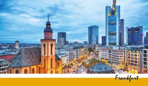 Scenic view of St. Paul's Church and skyscrapers in Frankfurt at dusk