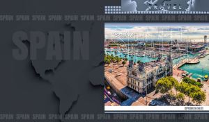 Aerial view of Barcelona port and marina on a dark grey world map design