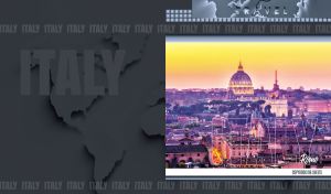 Panoramic view of Roman architecture at sunset on a dark grey world map design