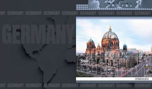 Iconic Berlin Cathedral view on a dark grey world map design