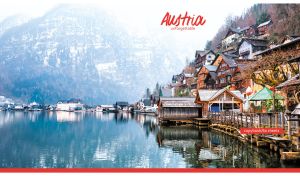 Charming Alpine village by a tranquil lake on grey and white