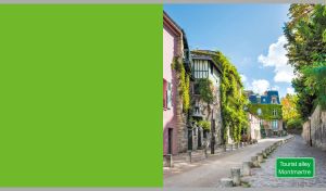An atmospheric alley in Montmartre bathed in sunlight on a green backdrop
