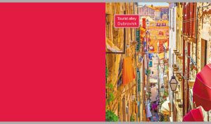 An atmospheric traditional alley in Dubrovnik on a hot pink backdrop