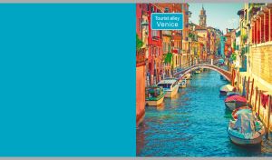 An atmospheric view of Venice's architecture on a light blue backdrop