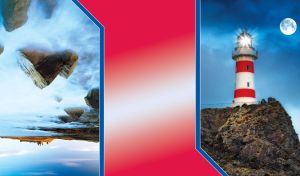Lighthouses & Rocks | Luminous Beacons Against the Evening Skies | With left upsidedown layout