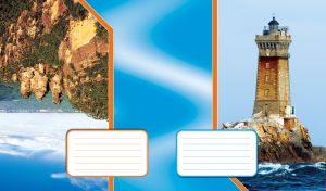 Brick tower lighthouse on a rock in the dark blue sea against the light blue sky