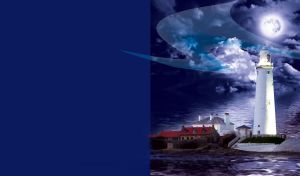 White lighthouse in a small port town shines in the silver moonlight