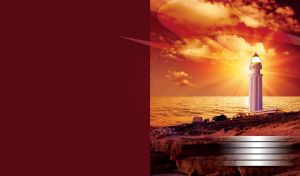 White lighthouse on a brown hill by the sea beneath the orange-red evening sky