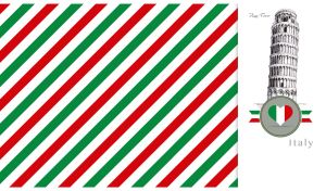 The Pizza Tower on a white backdrop with red and green oblique stripes