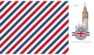 The Big Ben on a white backdrop with red and blue oblique stripes