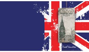 London cityscape on a beige tag against a grunge textured United Kingdom flag