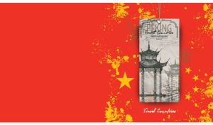 Chinese gazebo on a beige tag against a grunge textured Chinese flag