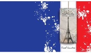 Paris Eiffel Tower on a beige tag against a grunge textured French flag