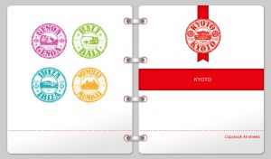 Binder notebook with a red bookmark and a Kyoto stamp on a white cover