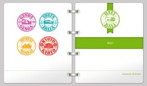 Binder notebook with a green bookmark and a Bali stamp on a white cover