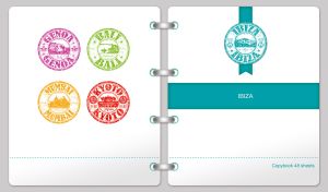Binder notebook with a teal bookmark and a Ibiza stamp on a white cover