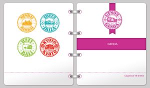 Binder notebook with a purple bookmark and a Genoa stamp on a white cover