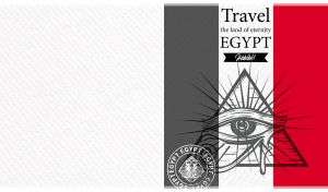 Stylized Egyptian travel poster with Eye of Horus on pyramid on white