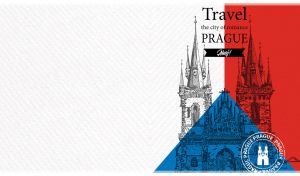 Stylized Czech travel poster with Prague Castle and a Prague seal on white