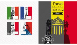 Stylized Belgian travel poster with the Place de la Bourse and a seal on white