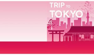 Tokyo skyline silhouette with iconic landmarks on a fuchsia pink gradient