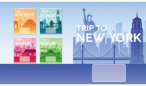 New York skyline silhouette with iconic landmarks on a navy blue gradient