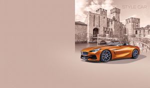 Golden concept roadster against The Scaligero Castle on a sepia background